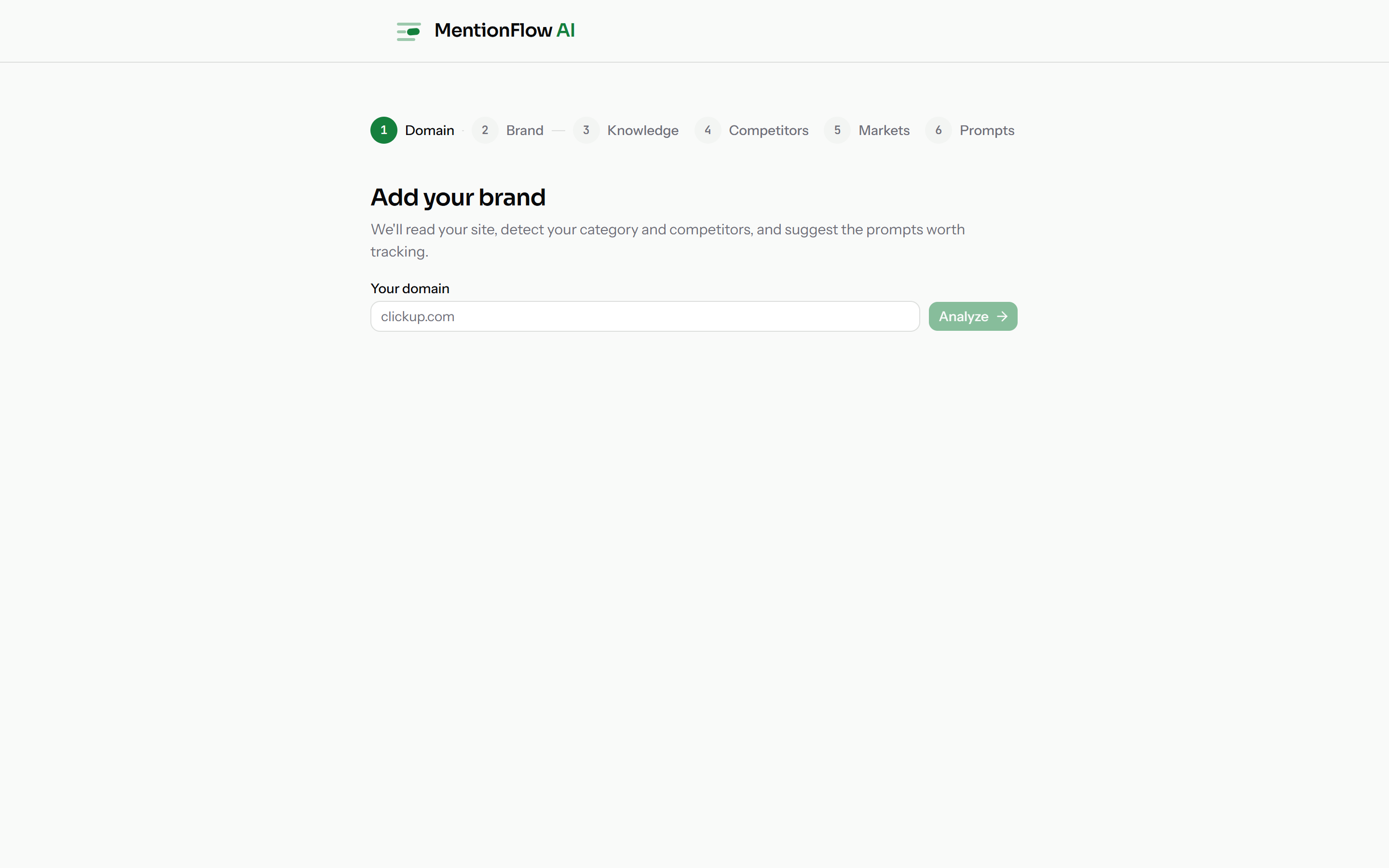 The onboarding wizard on its first step, "Add your brand", with the six steps (Domain, Brand, Knowledge, Competitors, Markets, Prompts) across the top. It asks for your domain and offers an Analyze button, so MentionFlow can read your site and suggest what to track. (Demo data.)
