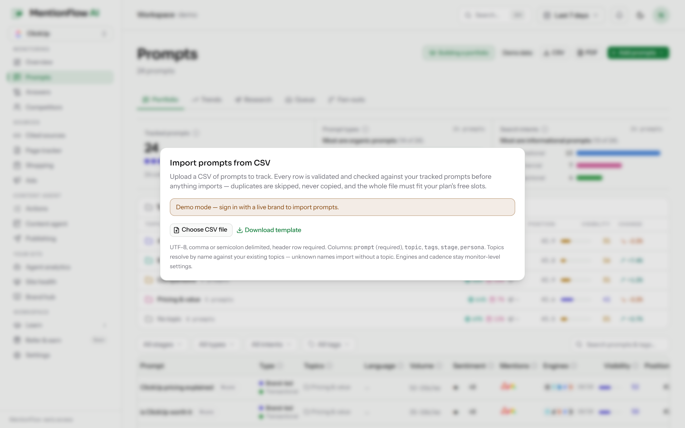 The "Import prompts from CSV" dialog on the Prompts page: a Choose CSV file button, a downloadable template, and the accepted columns (prompt required, plus topic, tags, stage, language, and persona). (Demo mode; sign in with a live brand to import.)
